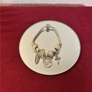 Silver Beaded Charm Bracelet with Tree and Feather Pendants